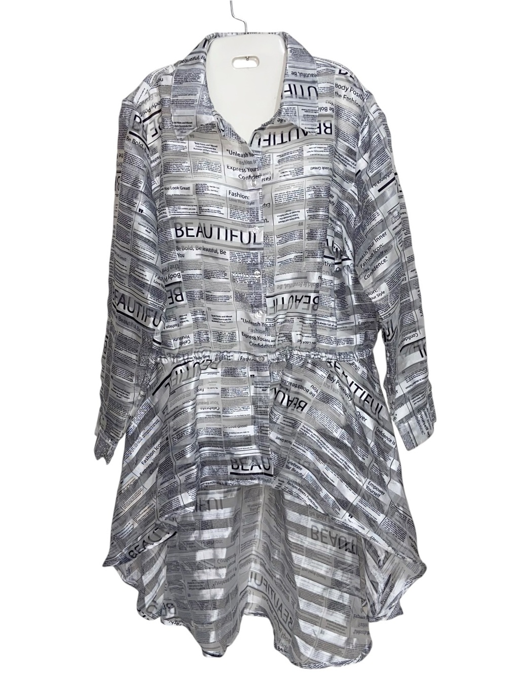Ashley Stewart Tunic Top Womens Size 18 Newspaper Print Sheer Jacket Artsy Boho
